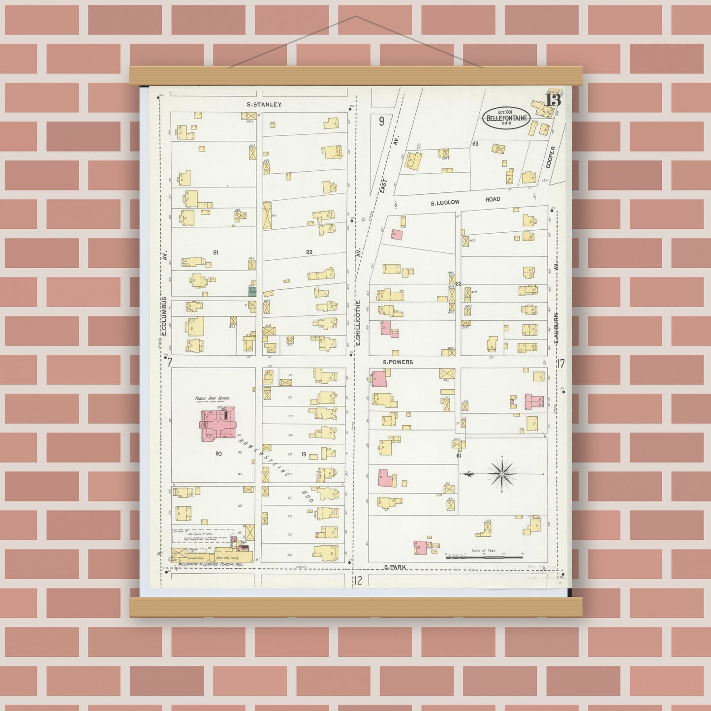 Old map wall art mockup — magnetic wood frame on brick wall — Sanborn Fire Insurance Map from Bellefontaine, Logan County, Ohio (1901), Sheet #0013