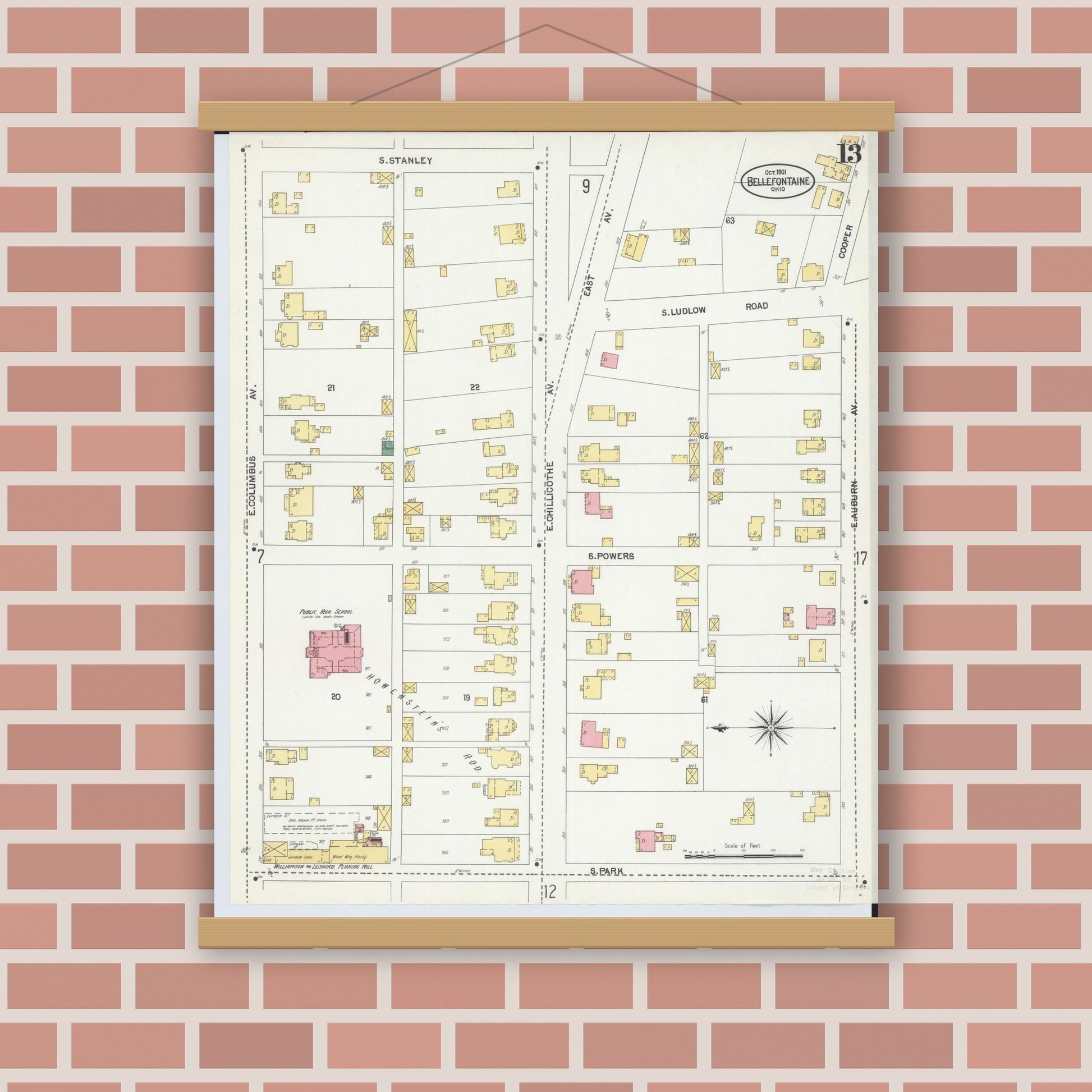Old map wall art mockup — magnetic wood frame on brick wall — Sanborn Fire Insurance Map from Bellefontaine, Logan County, Ohio (1901), Sheet #0013