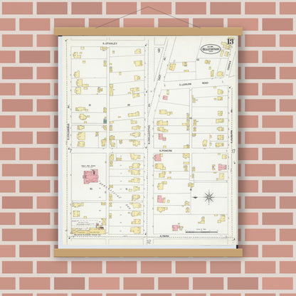 Old map wall art mockup — magnetic wood frame on brick wall — Sanborn Fire Insurance Map from Bellefontaine, Logan County, Ohio (1901), Sheet #0013
