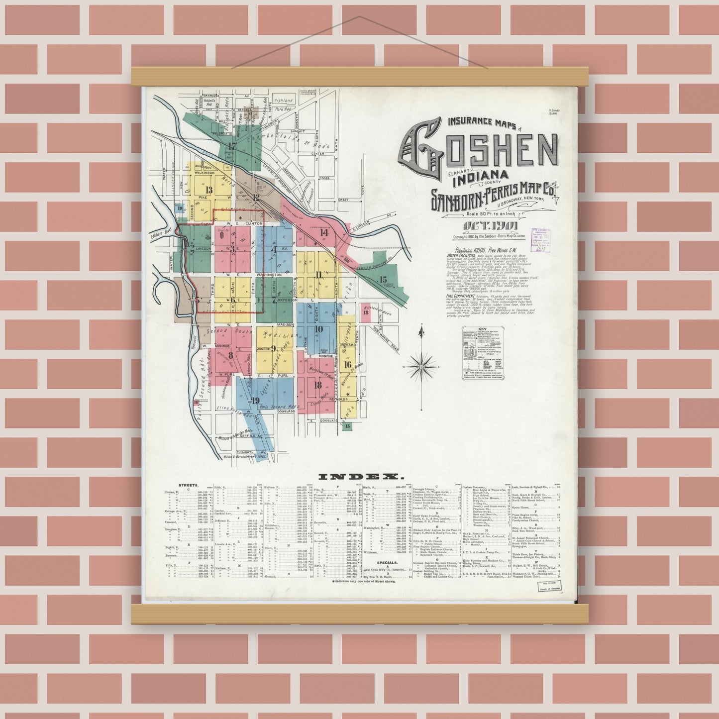 Old map wall art mockup — magnetic wood frame on brick wall — Sanborn Fire Insurance Map from Goshen, Elkhart County, Indiana (1901) - Complete Map Set