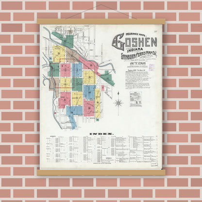 Old map wall art mockup — magnetic wood frame on brick wall — Sanborn Fire Insurance Map from Goshen, Elkhart County, Indiana (1901) - Complete Map Set