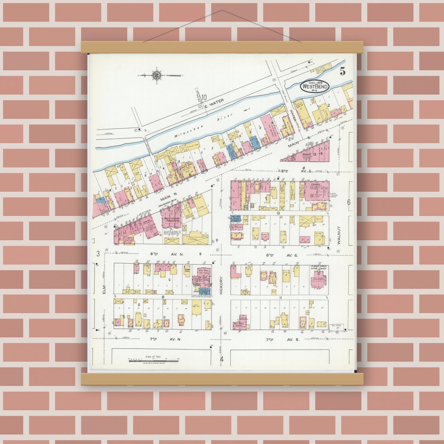 Old map wall art mockup — magnetic wood frame on brick wall — Sanborn Fire Insurance Map from West Bend, Washington County, Wisconsin (1919), Sheet #0005