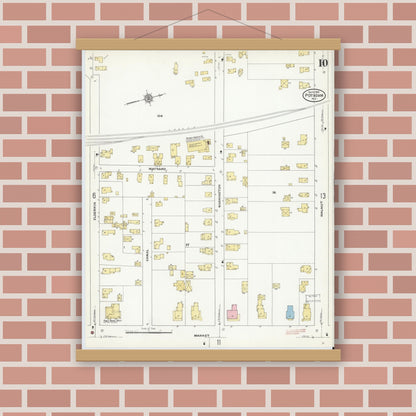 Old map wall art mockup — magnetic wood frame on brick wall — Sanborn Fire Insurance Map from Potsdam, St. Lawrence County, New York (1910), Sheet #0010