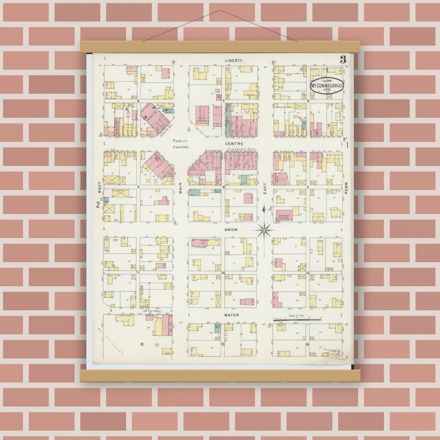 Old map wall art mockup — magnetic wood frame on brick wall — Sanborn Fire Insurance Map from McConnelsville, Morgan County, Ohio (1896), Sheet #0003
