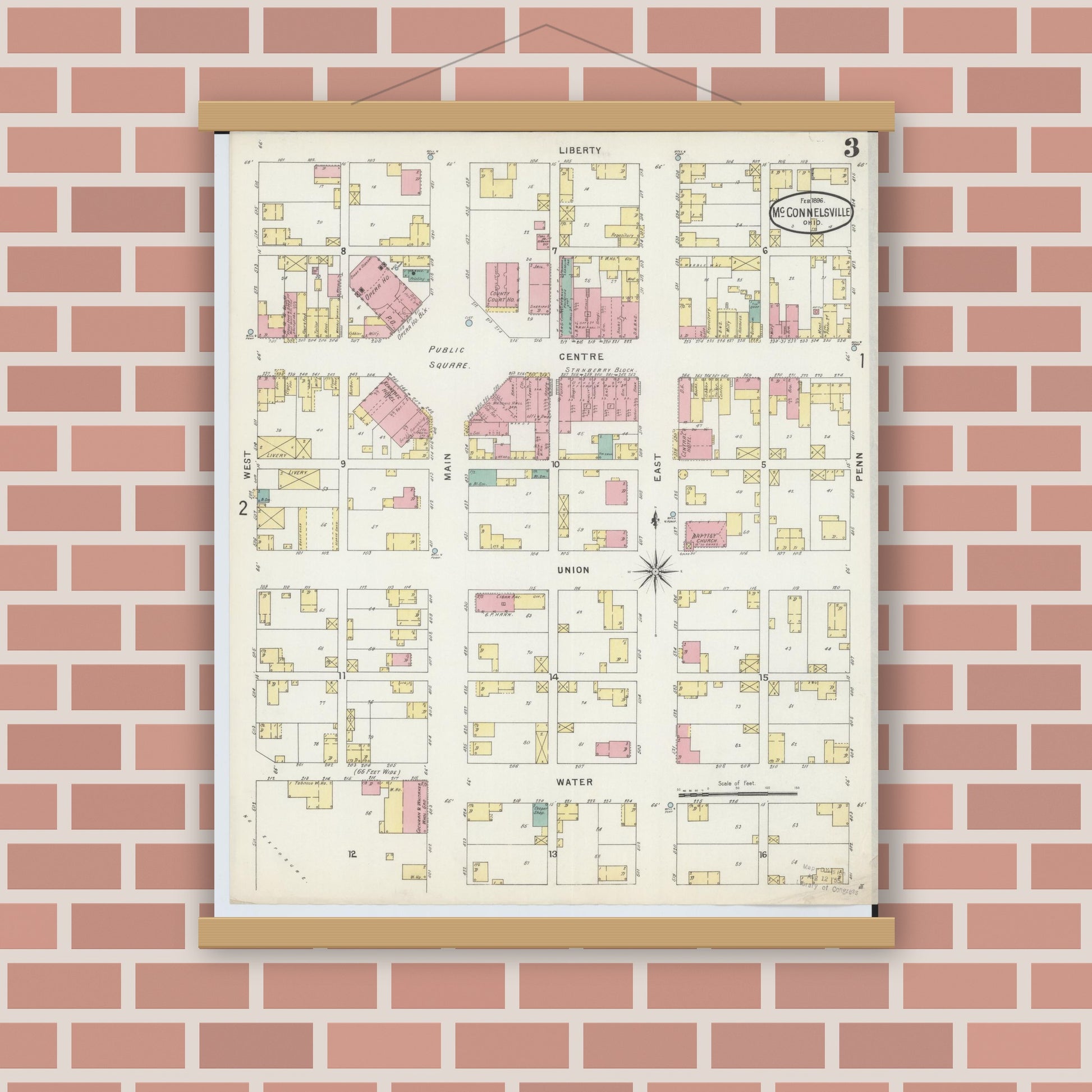 Old map wall art mockup — magnetic wood frame on brick wall — Sanborn Fire Insurance Map from McConnelsville, Morgan County, Ohio (1896), Sheet #0003