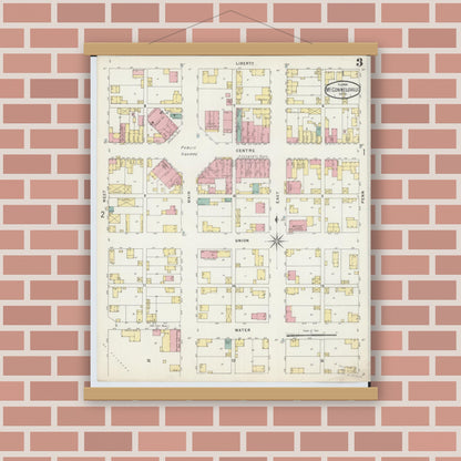 Old map wall art mockup — magnetic wood frame on brick wall — Sanborn Fire Insurance Map from McConnelsville, Morgan County, Ohio (1896), Sheet #0003