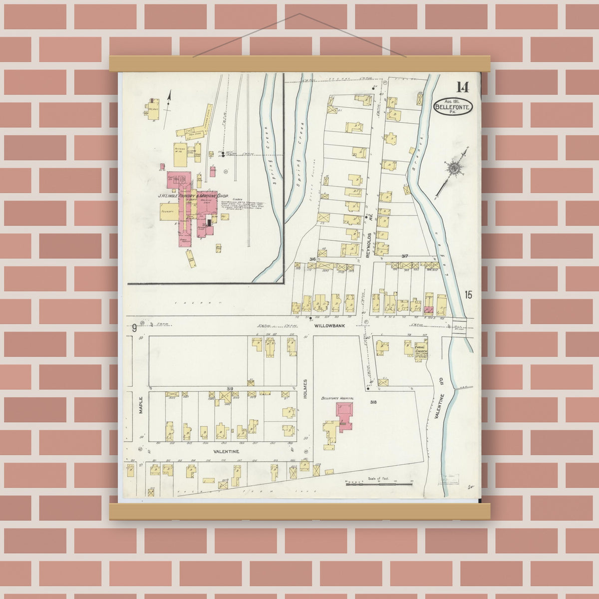 Old map wall art mockup — magnetic wood frame on brick wall — Sanborn Fire Insurance Map from Bellefonte, Centre County, Pennsylvania (1911), Sheet #0014
