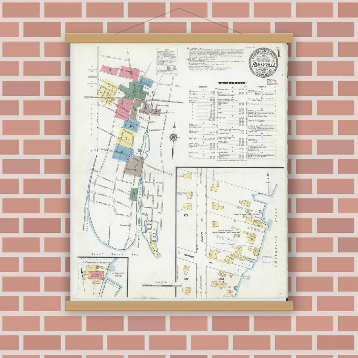 Old map wall art mockup — magnetic wood frame on brick wall — Sanborn Fire Insurance Map from Amityville, Suffolk County, New York (1910), Sheet #0001