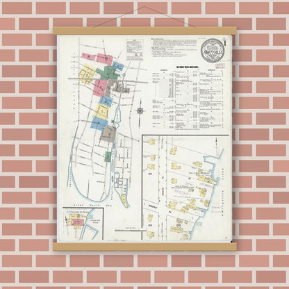 Old map wall art mockup — magnetic wood frame on brick wall — Sanborn Fire Insurance Map from Amityville, Suffolk County, New York (1910), Sheet #0001