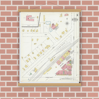 Old map wall art mockup — magnetic wood frame on brick wall — Sanborn Fire Insurance Map from Wellington, Lorain County, Ohio (1899), Sheet #0003