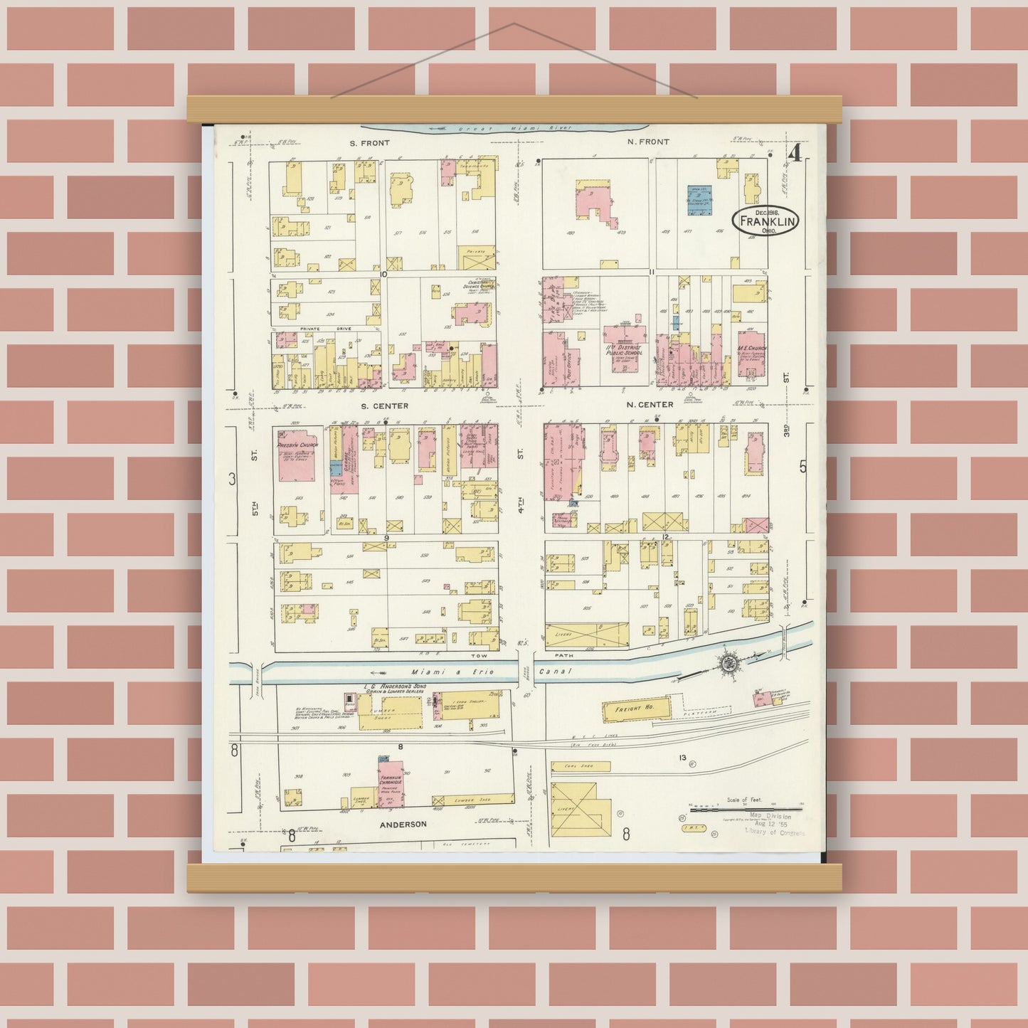 Old map wall art mockup — magnetic wood frame on brick wall — Sanborn Fire Insurance Map from Franklin, Warren County, Ohio (1916), Sheet #0004