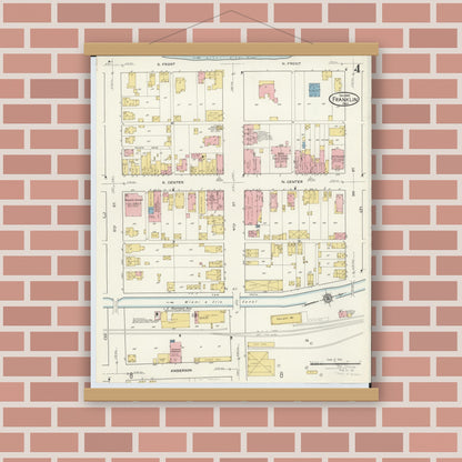 Old map wall art mockup — magnetic wood frame on brick wall — Sanborn Fire Insurance Map from Franklin, Warren County, Ohio (1916), Sheet #0004