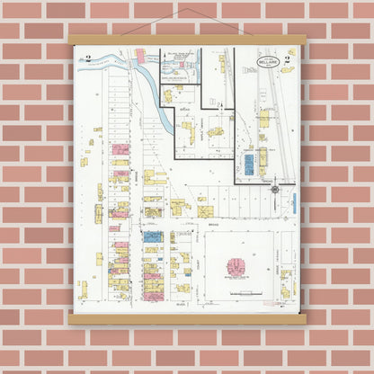 Old map wall art mockup — magnetic wood frame on brick wall — Sanborn Fire Insurance Map from Bellaire, Antrim County, Michigan (1929), Sheet #0002