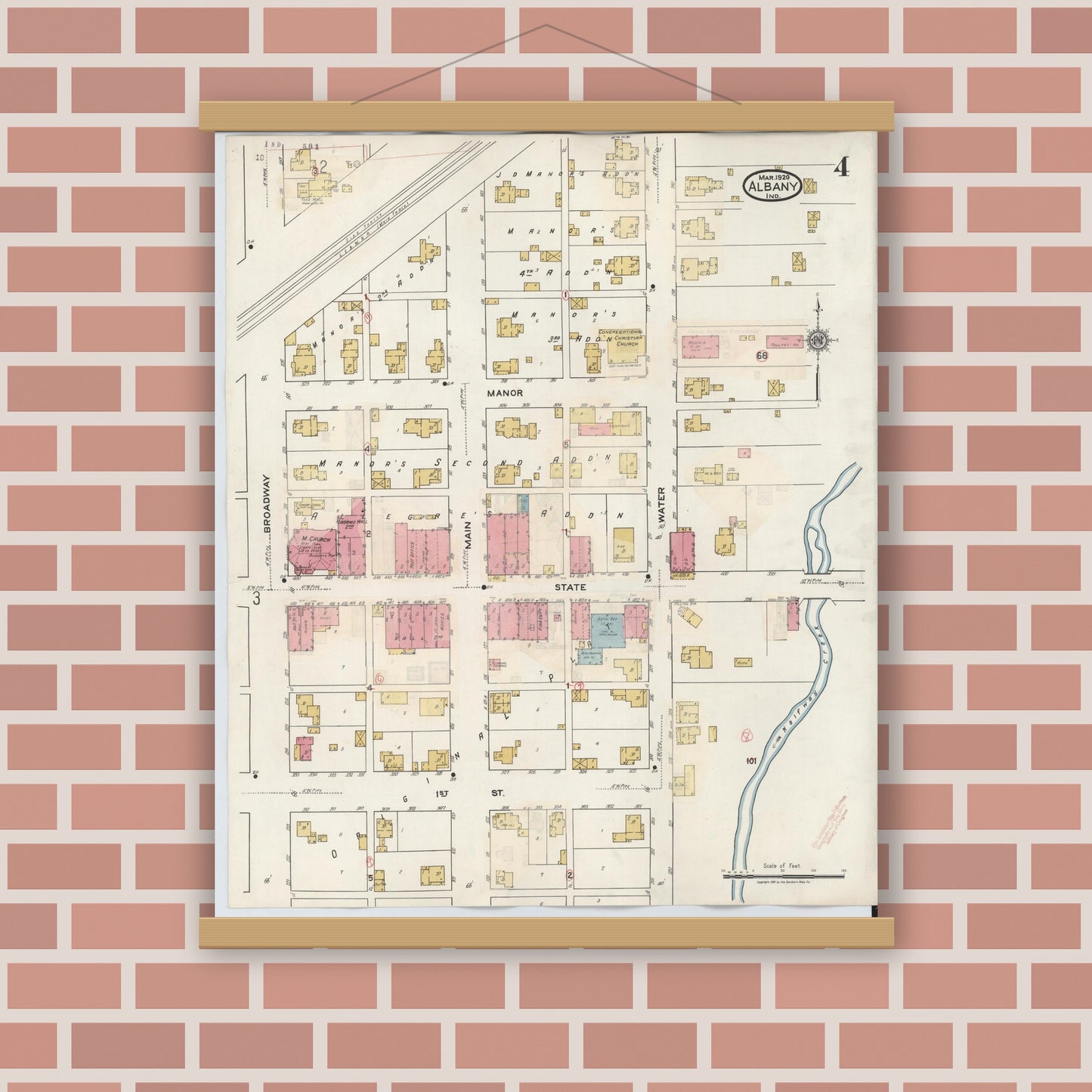 Old map wall art mockup — magnetic wood frame on brick wall — Sanborn Fire Insurance Map from Albany, Delaware County, Indiana (1943), Sheet #0004