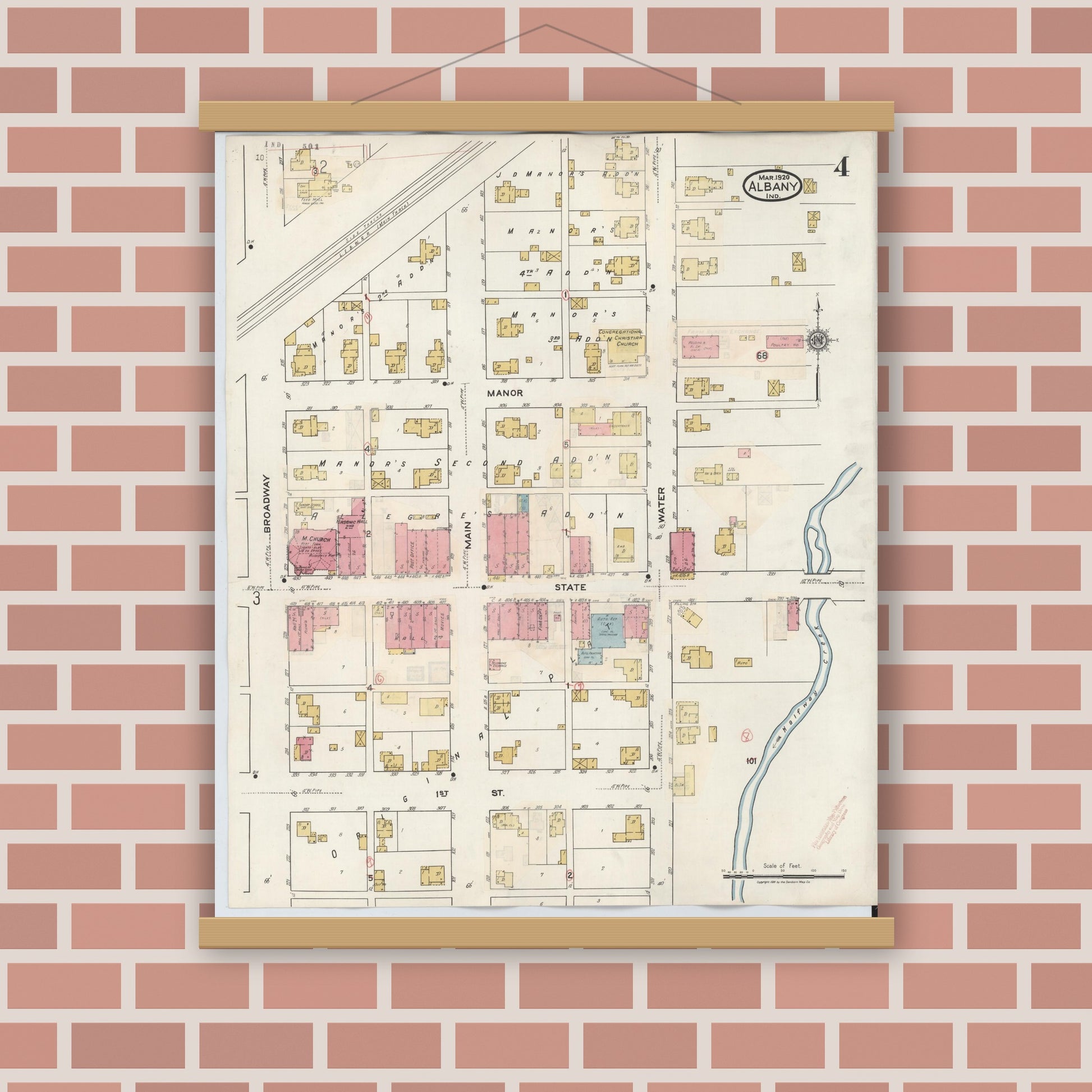 Old map wall art mockup — magnetic wood frame on brick wall — Sanborn Fire Insurance Map from Albany, Delaware County, Indiana (1943), Sheet #0004