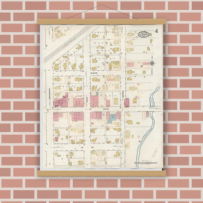 Old map wall art mockup — magnetic wood frame on brick wall — Sanborn Fire Insurance Map from Albany, Delaware County, Indiana (1943), Sheet #0004