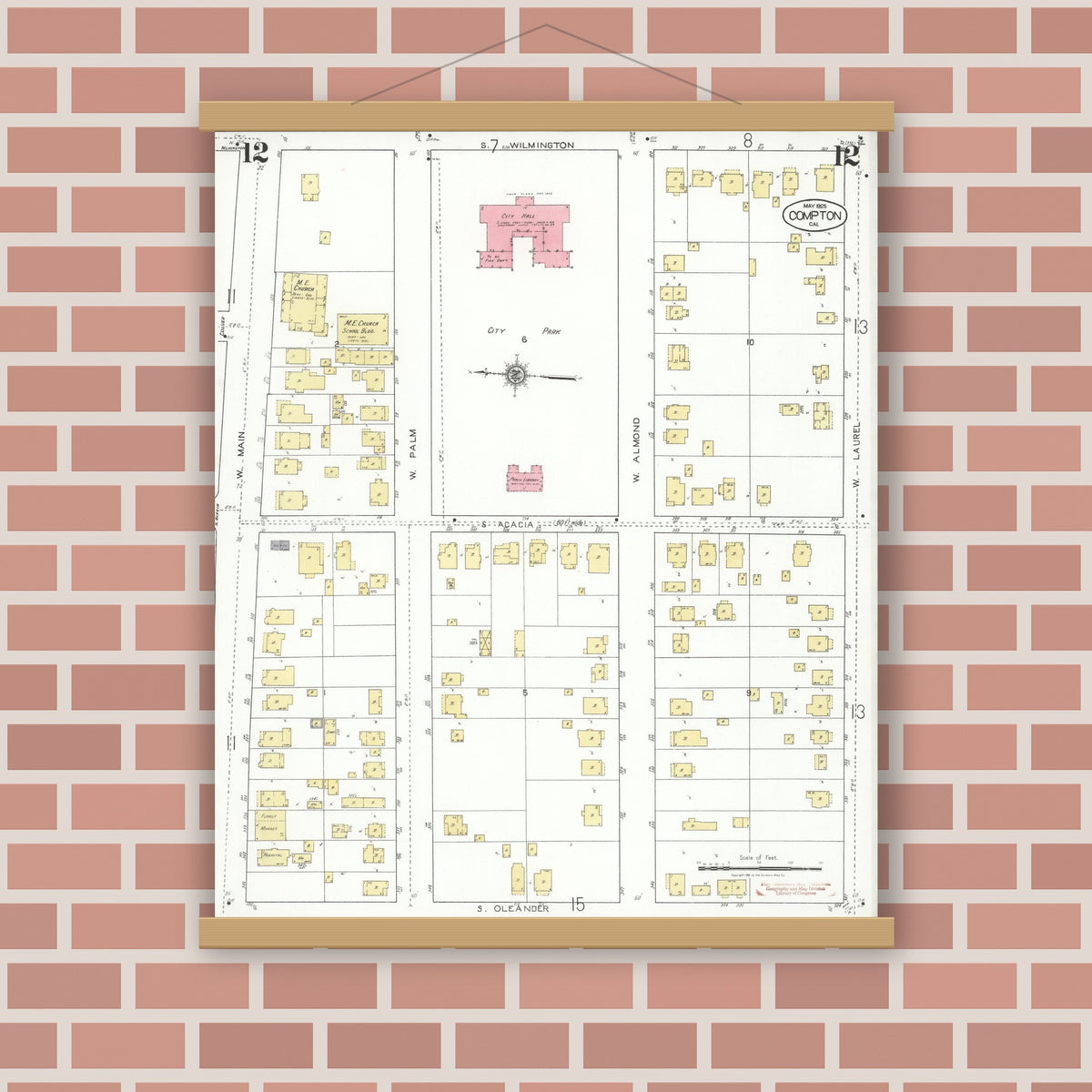 Old map wall art mockup — magnetic wood frame on brick wall — Sanborn Fire Insurance Map from Compton, Los Angeles County, California (1925), Sheet #0012