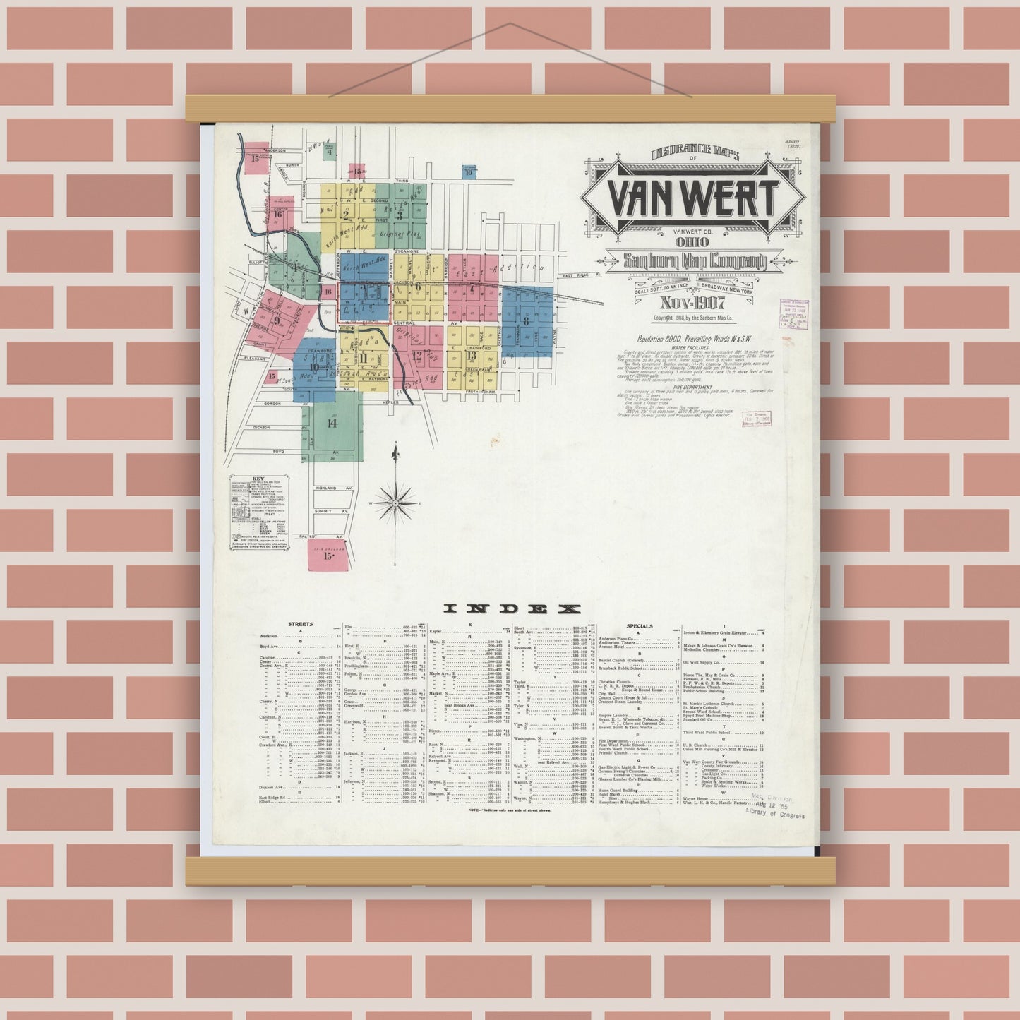 Old map wall art mockup — magnetic wood frame on brick wall — Sanborn Fire Insurance Map from Van Wert, Van Wert County, Ohio (1907) - Complete Map Set