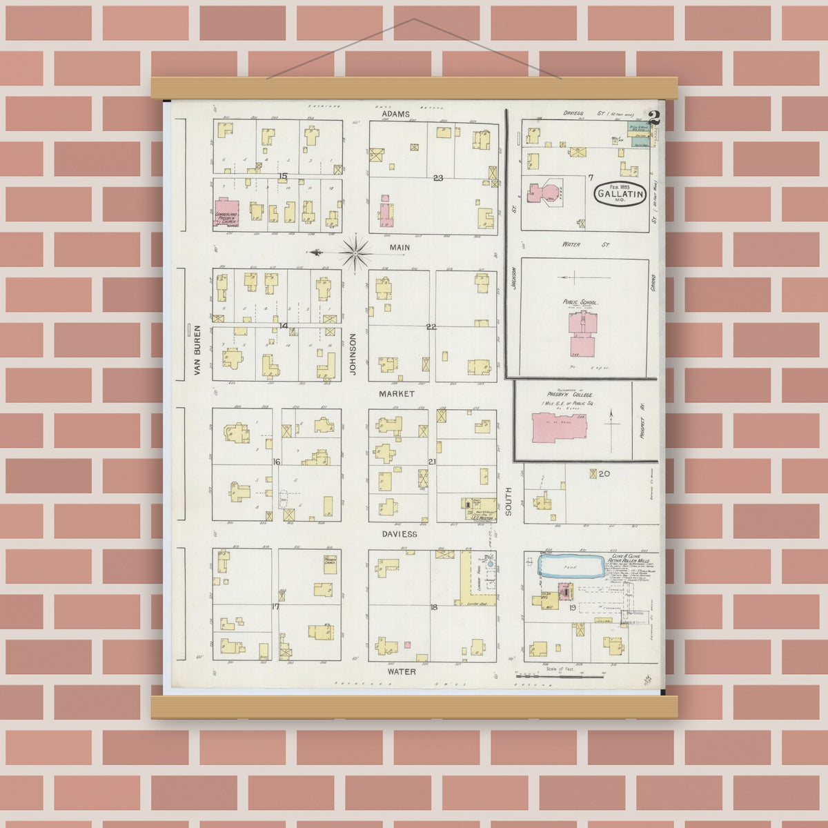 Old map wall art mockup — magnetic wood frame on brick wall — Sanborn Fire Insurance Map from Gallatin, Daviess County, Missouri (1893), Sheet #0002