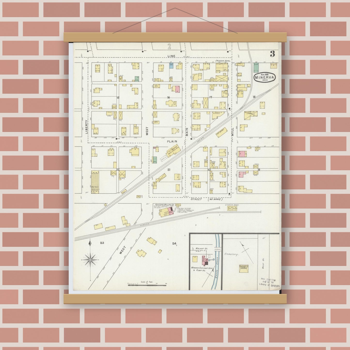 Old map wall art mockup — magnetic wood frame on brick wall — Sanborn Fire Insurance Map from Minerva, Stark And Carroll Counties, Ohio (1895), Sheet #0003