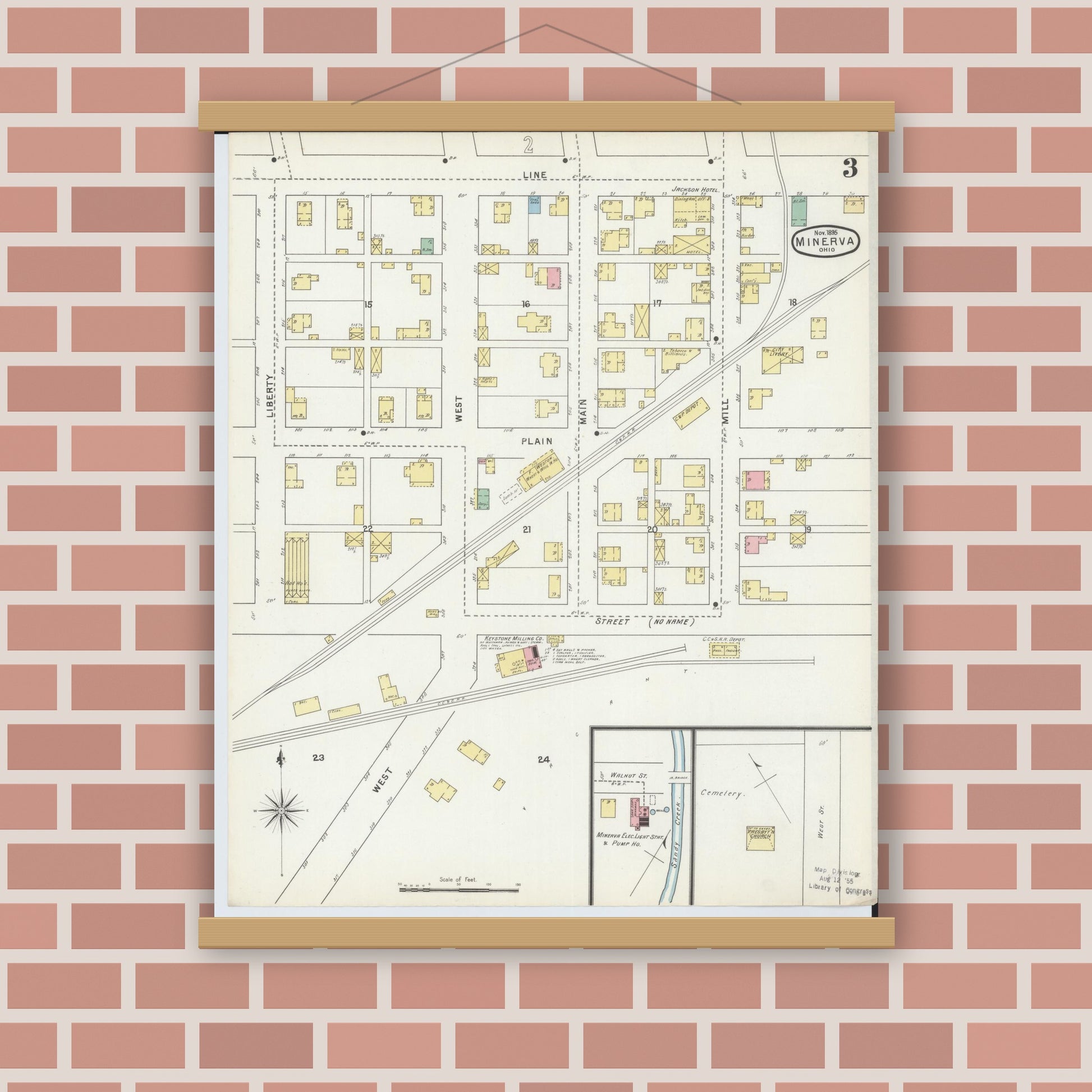 Old map wall art mockup — magnetic wood frame on brick wall — Sanborn Fire Insurance Map from Minerva, Stark And Carroll Counties, Ohio (1895), Sheet #0003