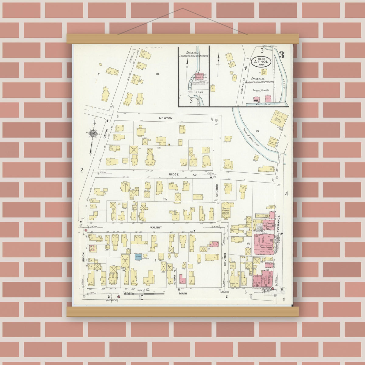 Old map wall art mockup — magnetic wood frame on brick wall — Sanborn Fire Insurance Map from Athol, Worcester County, Massachusetts (1911), Sheet #0003