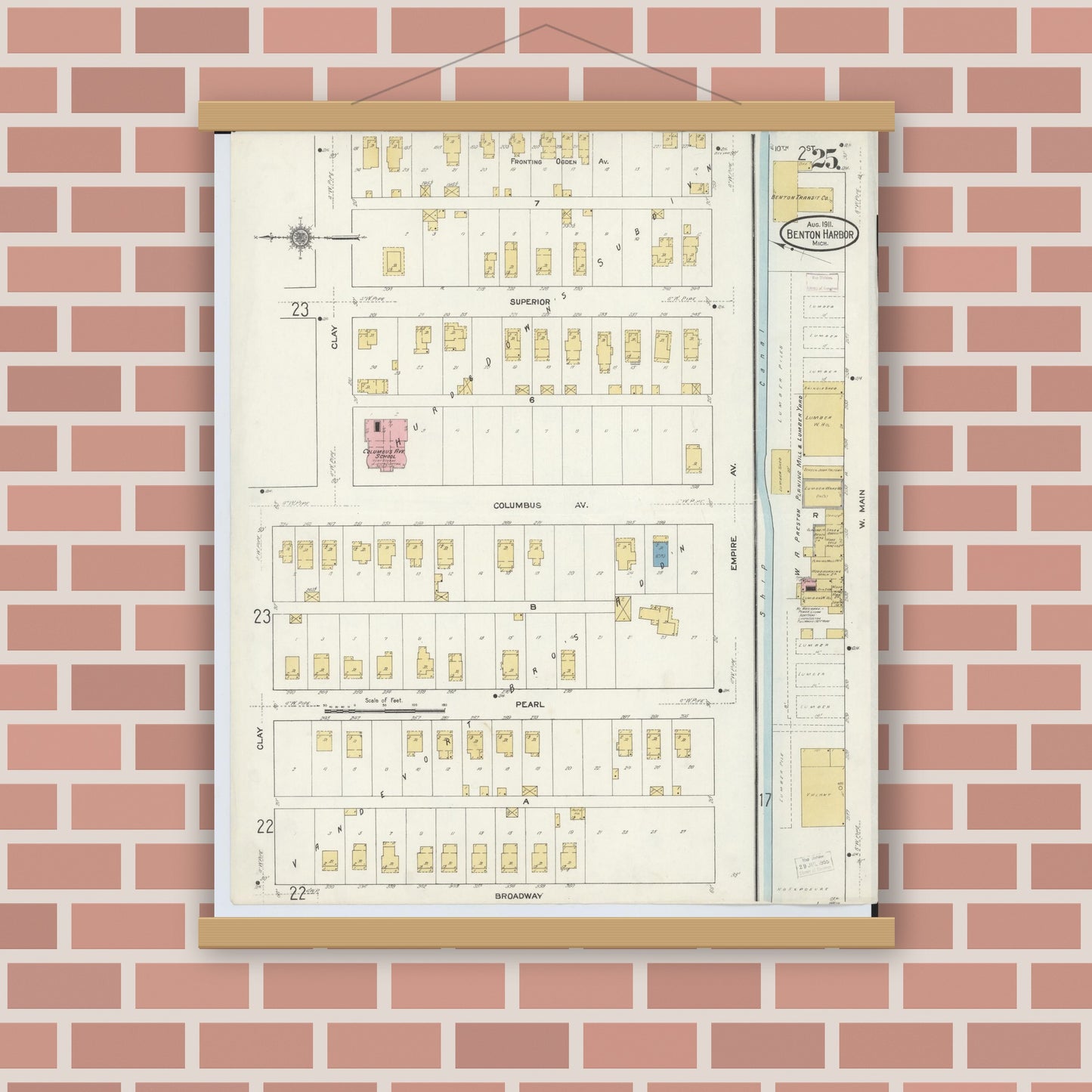 Old map wall art mockup — magnetic wood frame on brick wall — Sanborn Fire Insurance Map from Benton Harbor, Berrien County, Michigan (1911), Sheet #0025