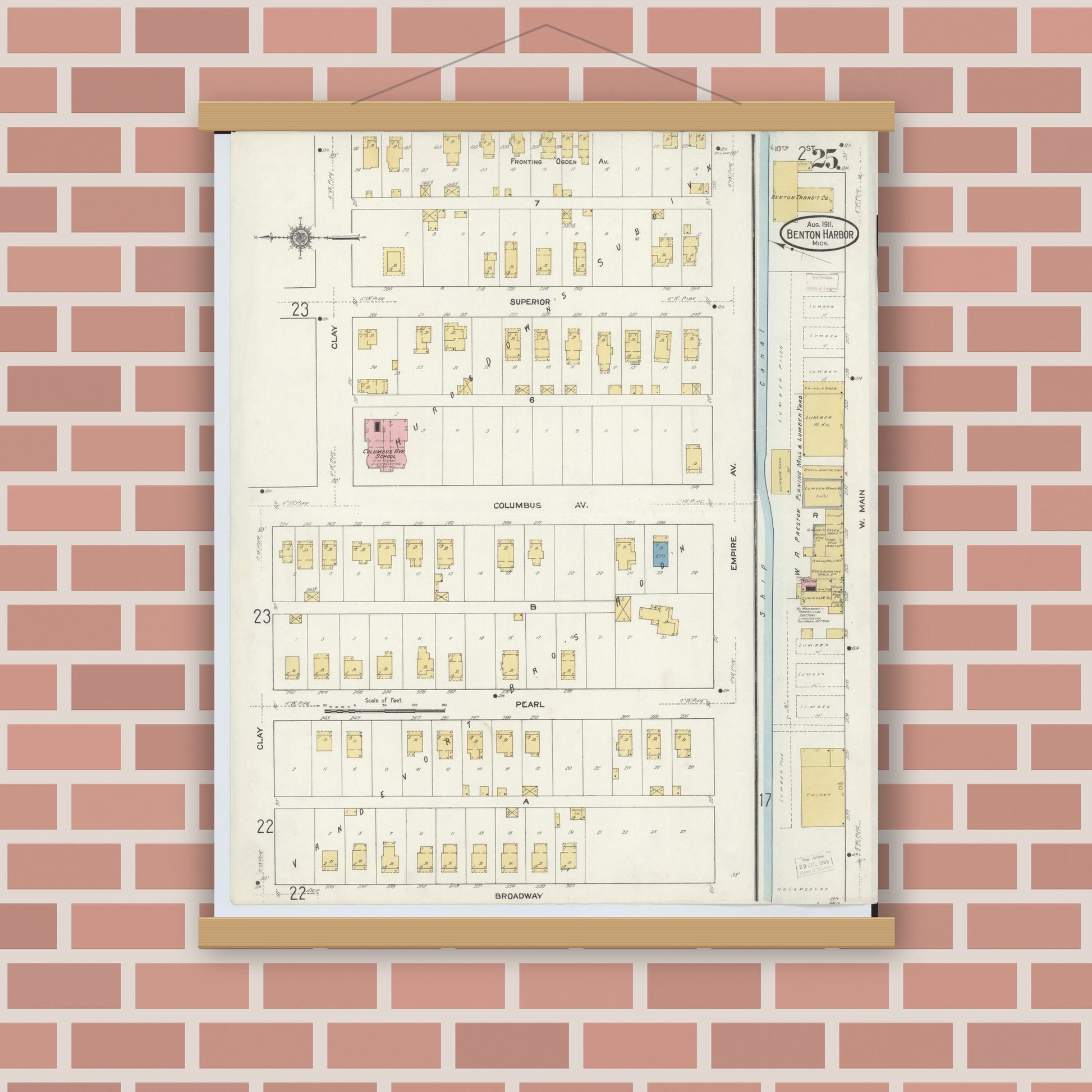 Old map wall art mockup — magnetic wood frame on brick wall — Sanborn Fire Insurance Map from Benton Harbor, Berrien County, Michigan (1911), Sheet #0025
