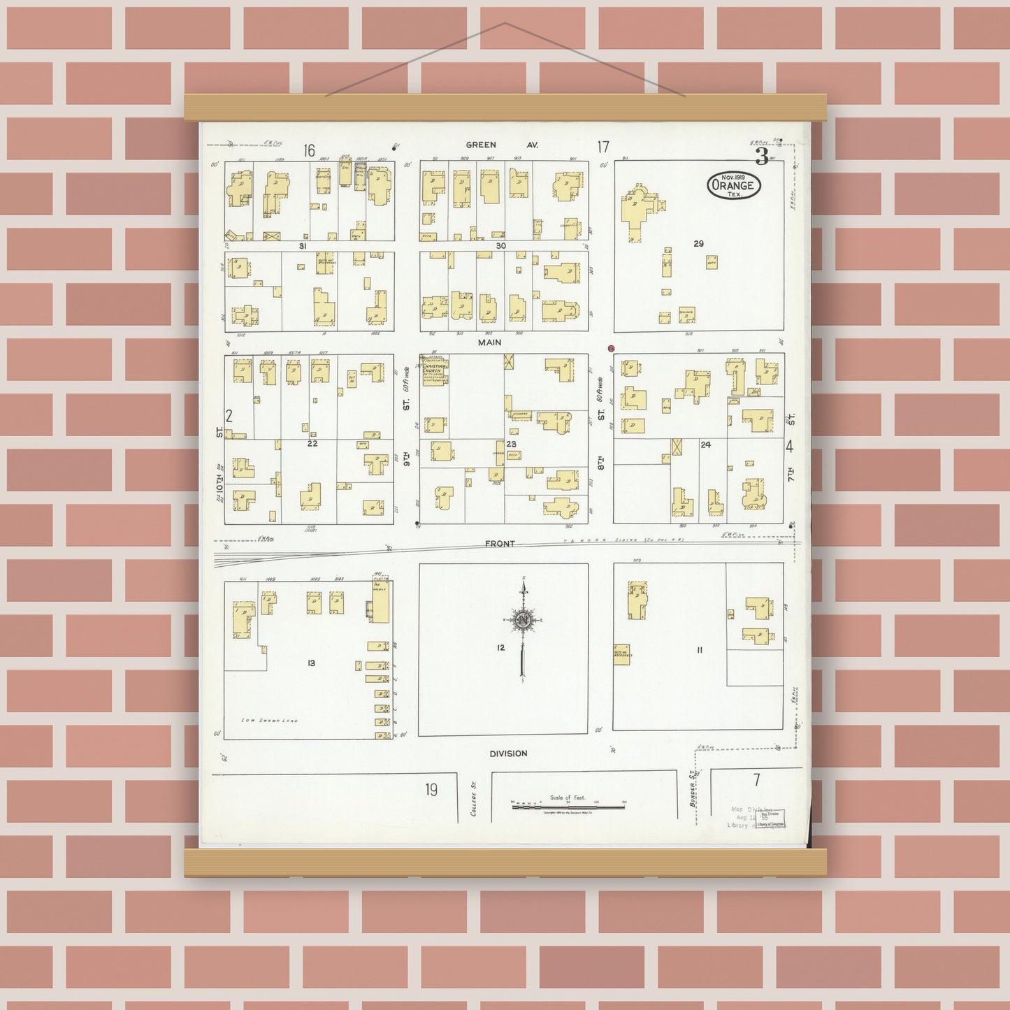 Old map wall art mockup — magnetic wood frame on brick wall — Sanborn Fire Insurance Map from Orange, Orange County, Texas (1919), Sheet #0003