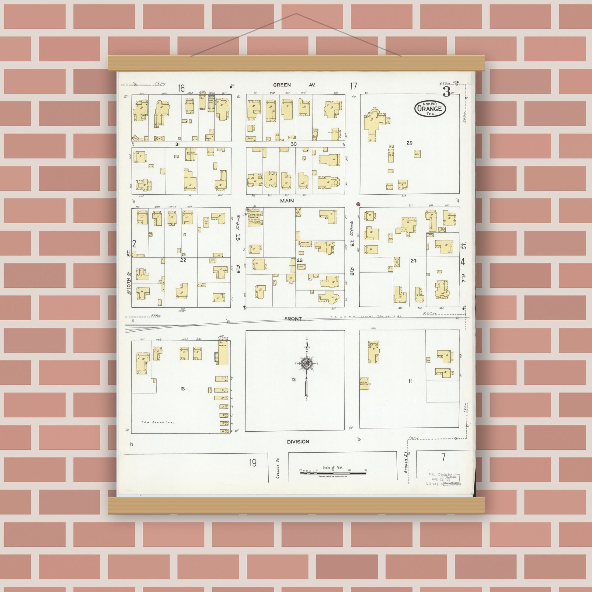 Old map wall art mockup — magnetic wood frame on brick wall — Sanborn Fire Insurance Map from Orange, Orange County, Texas (1919), Sheet #0003
