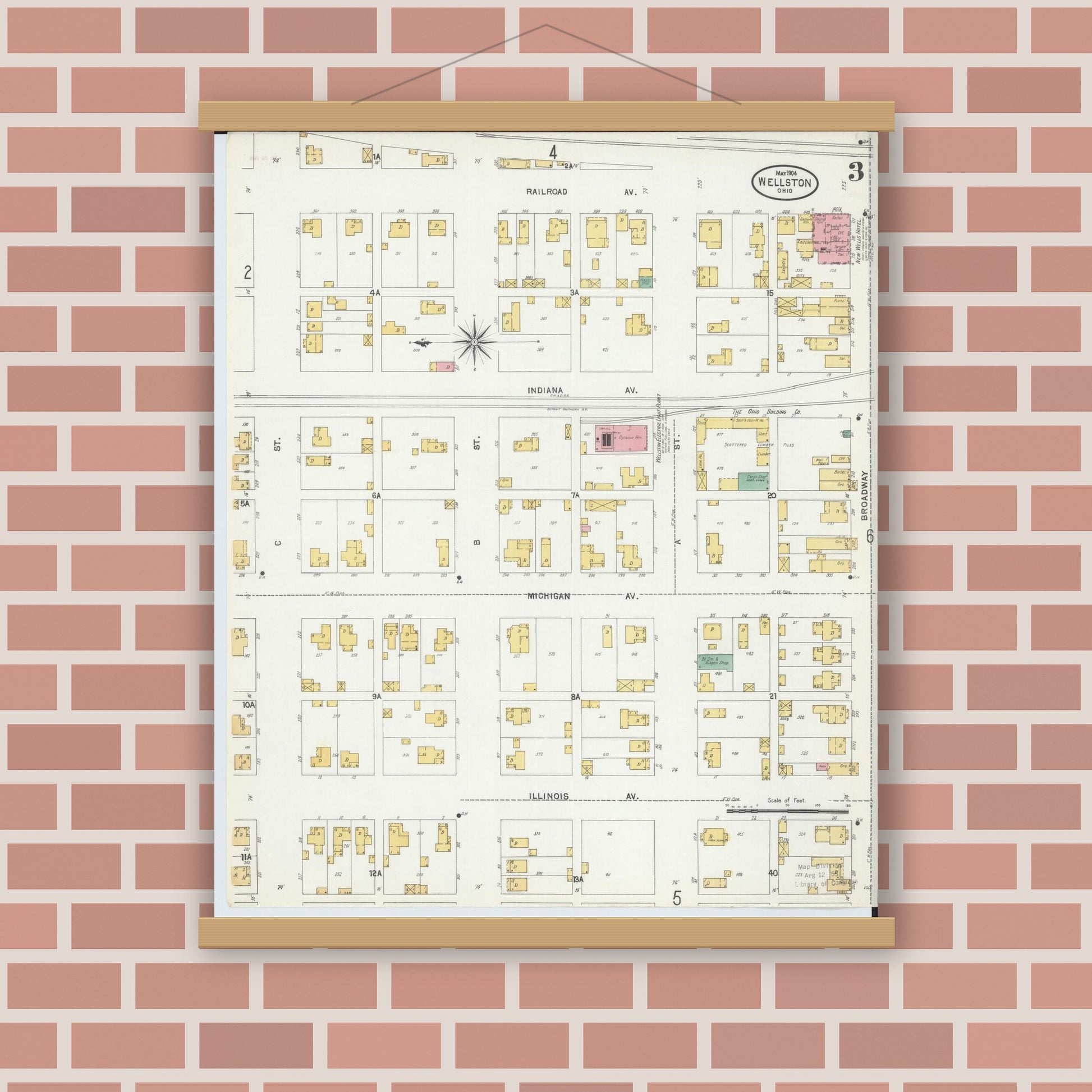 Old map wall art mockup — magnetic wood frame on brick wall — Sanborn Fire Insurance Map from Wellston, Jackson County, Ohio (1904), Sheet #0003