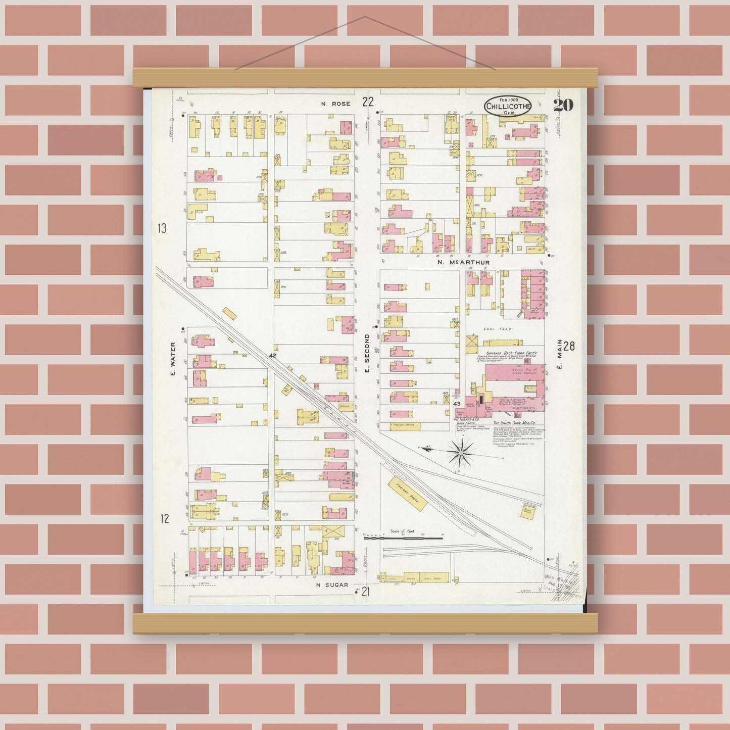 Old map wall art mockup — magnetic wood frame on brick wall — Sanborn Fire Insurance Map from Chillicothe, Ross County, Ohio (1909), Sheet #0020
