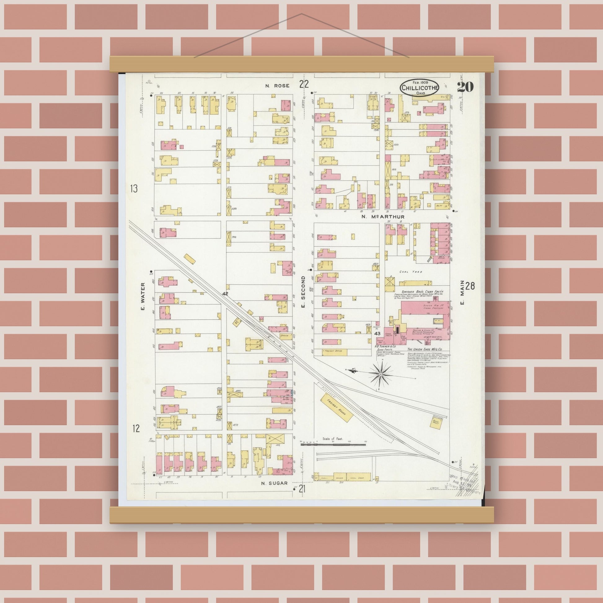 Old map wall art mockup — magnetic wood frame on brick wall — Sanborn Fire Insurance Map from Chillicothe, Ross County, Ohio (1909), Sheet #0020