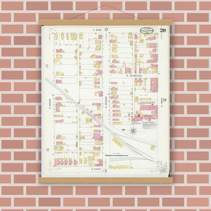 Old map wall art mockup — magnetic wood frame on brick wall — Sanborn Fire Insurance Map from Chillicothe, Ross County, Ohio (1909), Sheet #0020