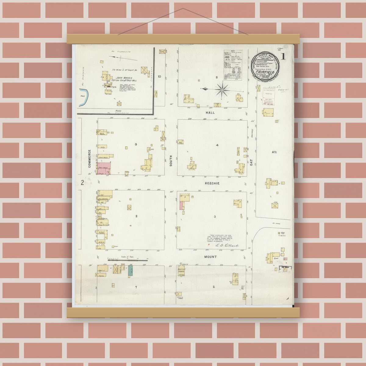 Old map wall art mockup — magnetic wood frame on brick wall — Sanborn Fire Insurance Map from Fairfield, Freestone County, Texas (1896) - Complete Map Set