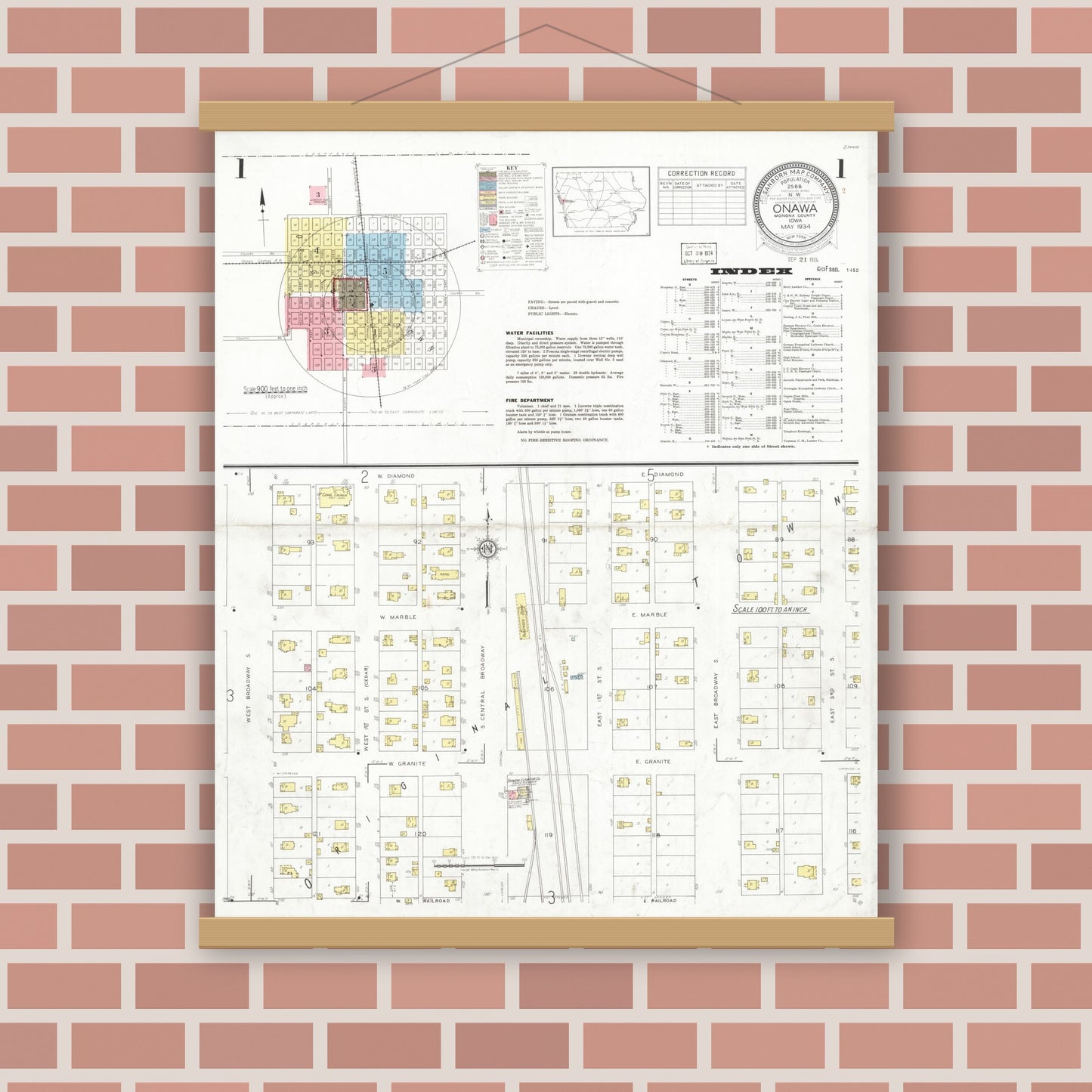Old map wall art mockup — magnetic wood frame on brick wall — Sanborn Fire Insurance Map from Onawa, Monona County, Iowa (1934) â€” Complete Set