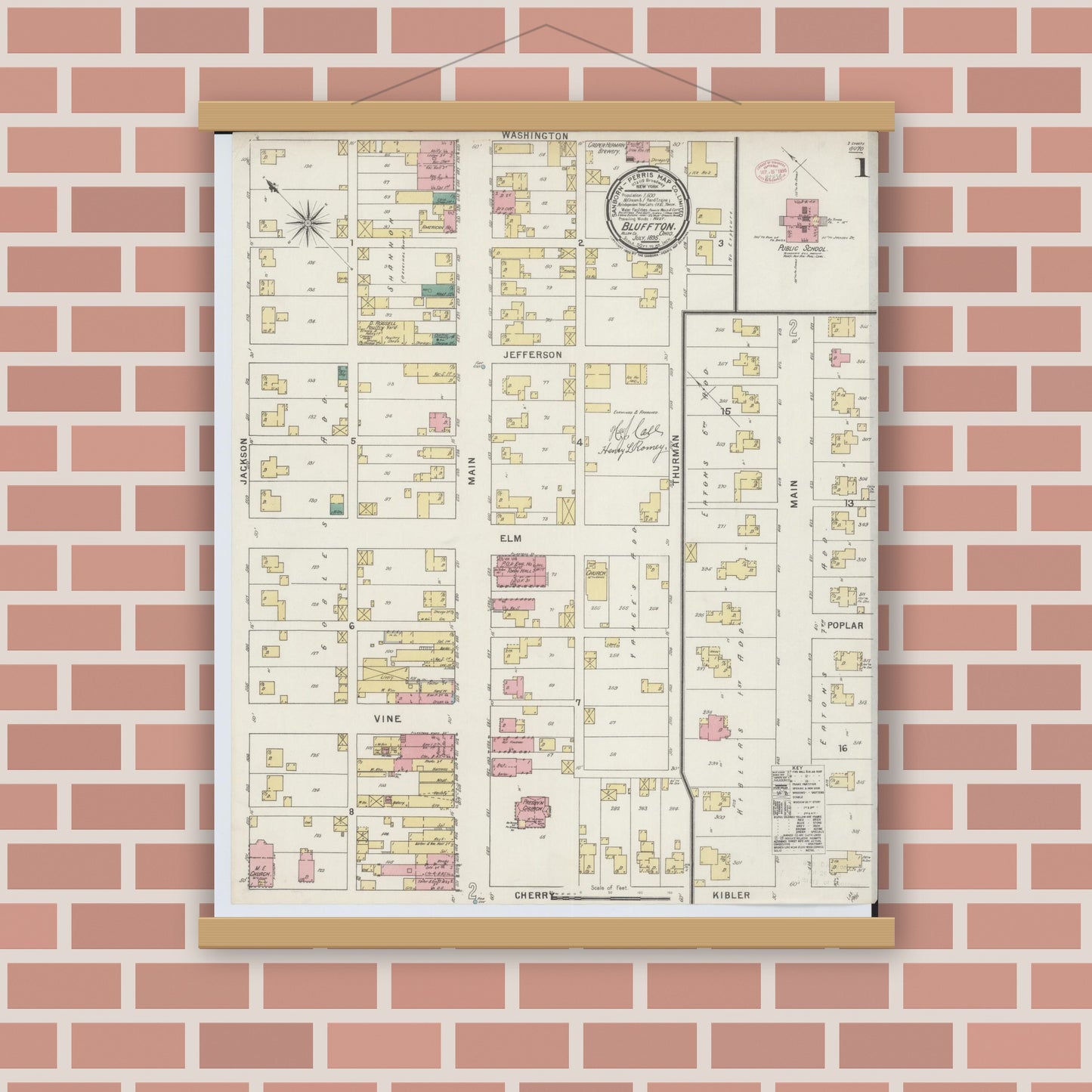 Old map wall art mockup — magnetic wood frame on brick wall — Sanborn Fire Insurance Map from Bluffton, Allen County, Ohio (1895), Sheet #0001