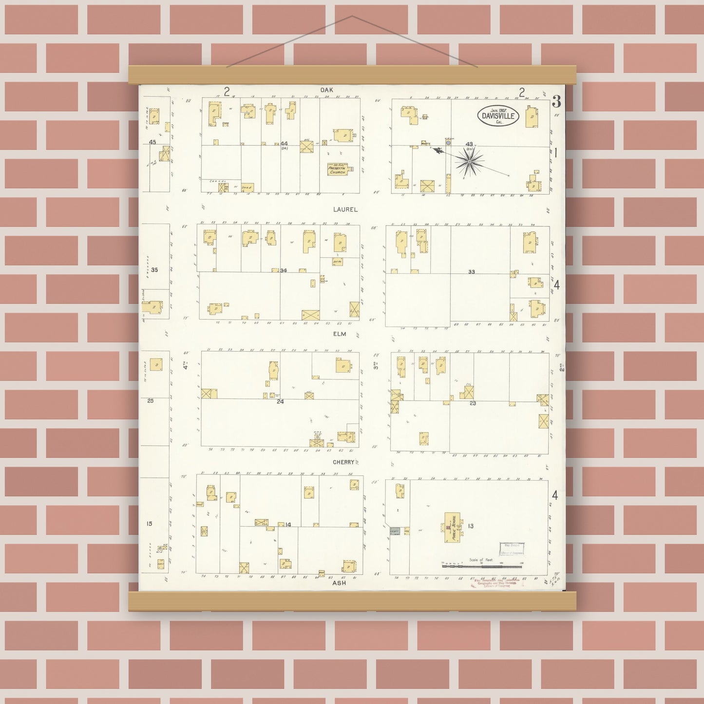 Old map wall art mockup — magnetic wood frame on brick wall — Sanborn Fire Insurance Map from Davis, Yolo County, California (1907), Sheet #0003
