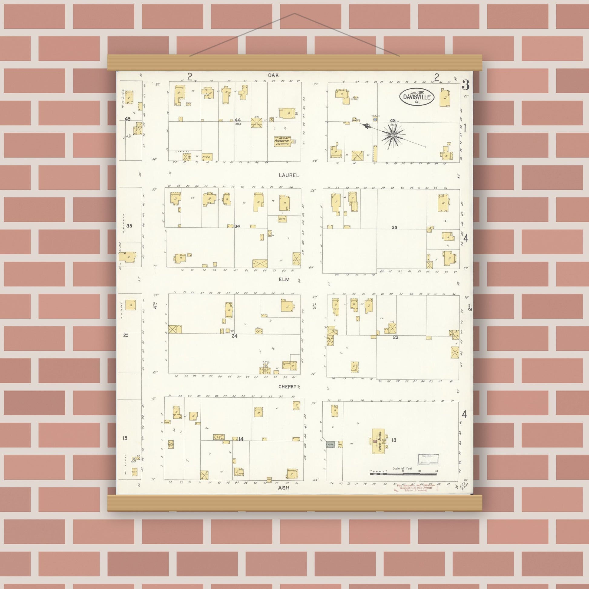 Old map wall art mockup — magnetic wood frame on brick wall — Sanborn Fire Insurance Map from Davis, Yolo County, California (1907), Sheet #0003