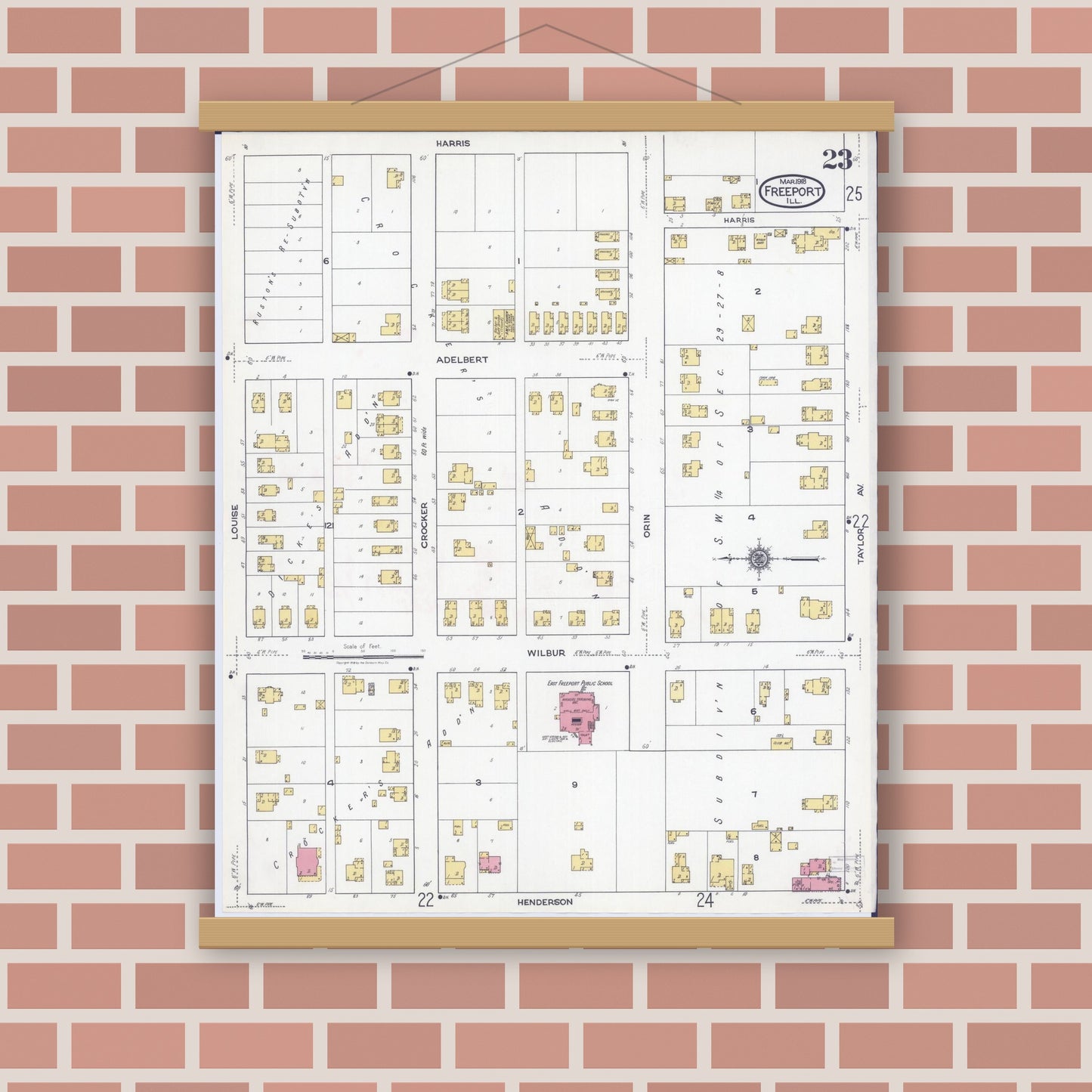 Old map wall art mockup — magnetic wood frame on brick wall — Sanborn Fire Insurance Map from Freeport, Stephenson County, Illinois (1918), Sheet #0023