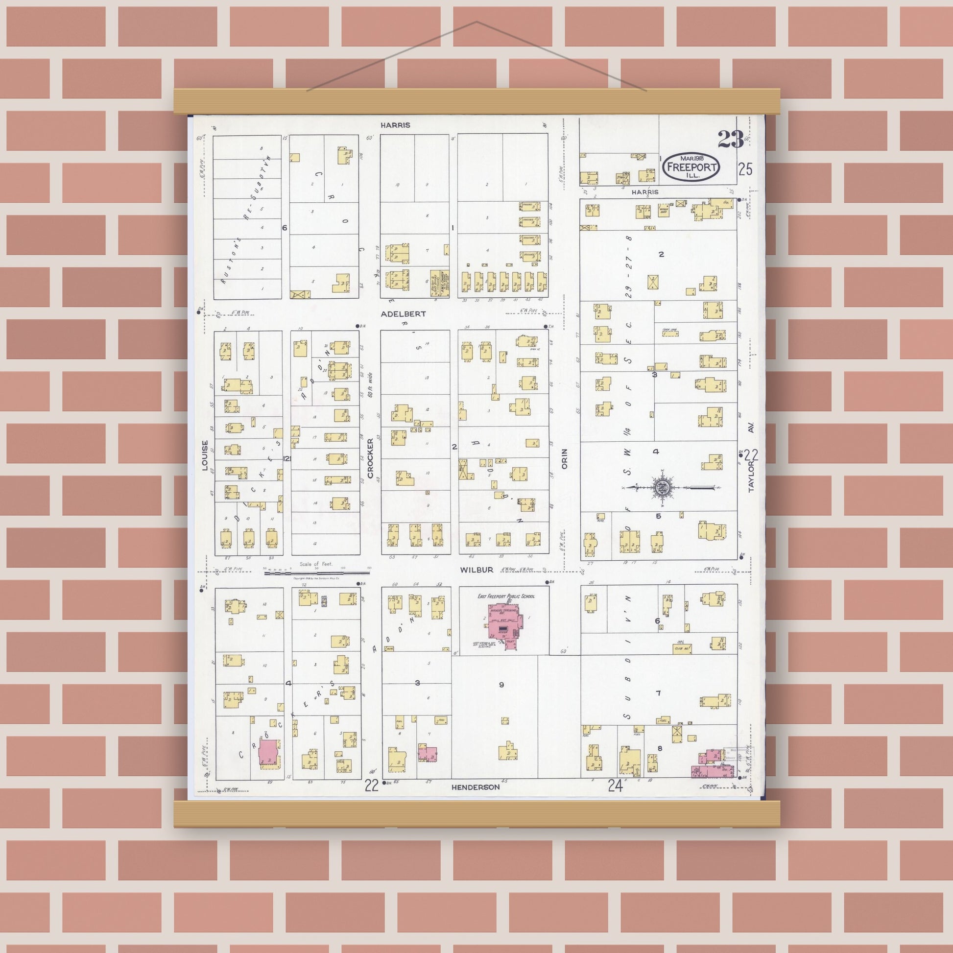 Old map wall art mockup — magnetic wood frame on brick wall — Sanborn Fire Insurance Map from Freeport, Stephenson County, Illinois (1918), Sheet #0023