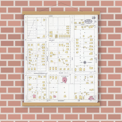 Old map wall art mockup — magnetic wood frame on brick wall — Sanborn Fire Insurance Map from Freeport, Stephenson County, Illinois (1918), Sheet #0023
