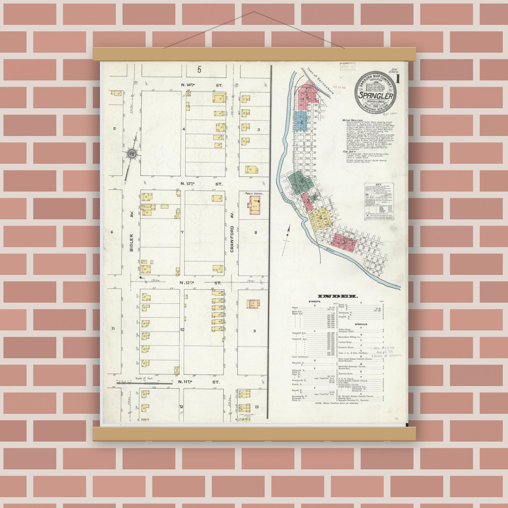 Old map wall art mockup — magnetic wood frame on brick wall — Sanborn Fire Insurance Map from Spangler, Cambria County, Pennsylvania (1910), Sheet #0001