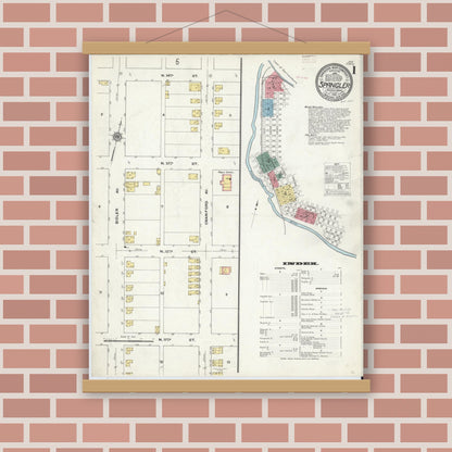 Old map wall art mockup — magnetic wood frame on brick wall — Sanborn Fire Insurance Map from Spangler, Cambria County, Pennsylvania (1910), Sheet #0001