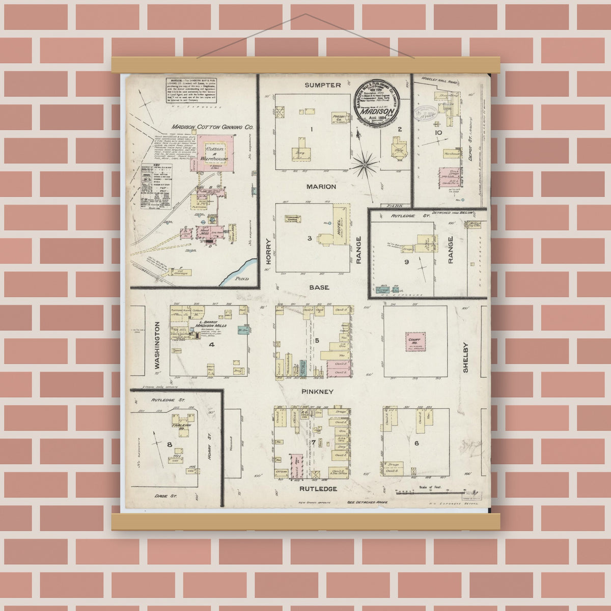 Old map wall art mockup — magnetic wood frame on brick wall — Sanborn Fire Insurance Map from Madison, Madison County, Florida (1884), Sheet #0001