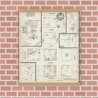 Old map wall art mockup — magnetic wood frame on brick wall — Sanborn Fire Insurance Map from Madison, Madison County, Florida (1884), Sheet #0001