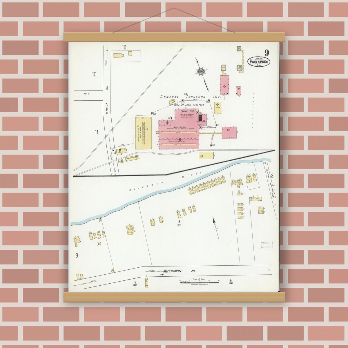 Old map wall art mockup — magnetic wood frame on brick wall — Sanborn Fire Insurance Map from Paulsboro, Gloucester County, New Jersey (1920), Sheet #0009
