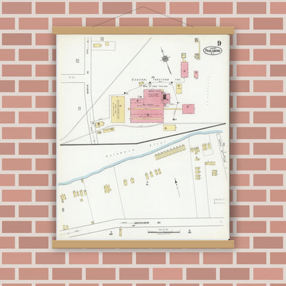Old map wall art mockup — magnetic wood frame on brick wall — Sanborn Fire Insurance Map from Paulsboro, Gloucester County, New Jersey (1920), Sheet #0009