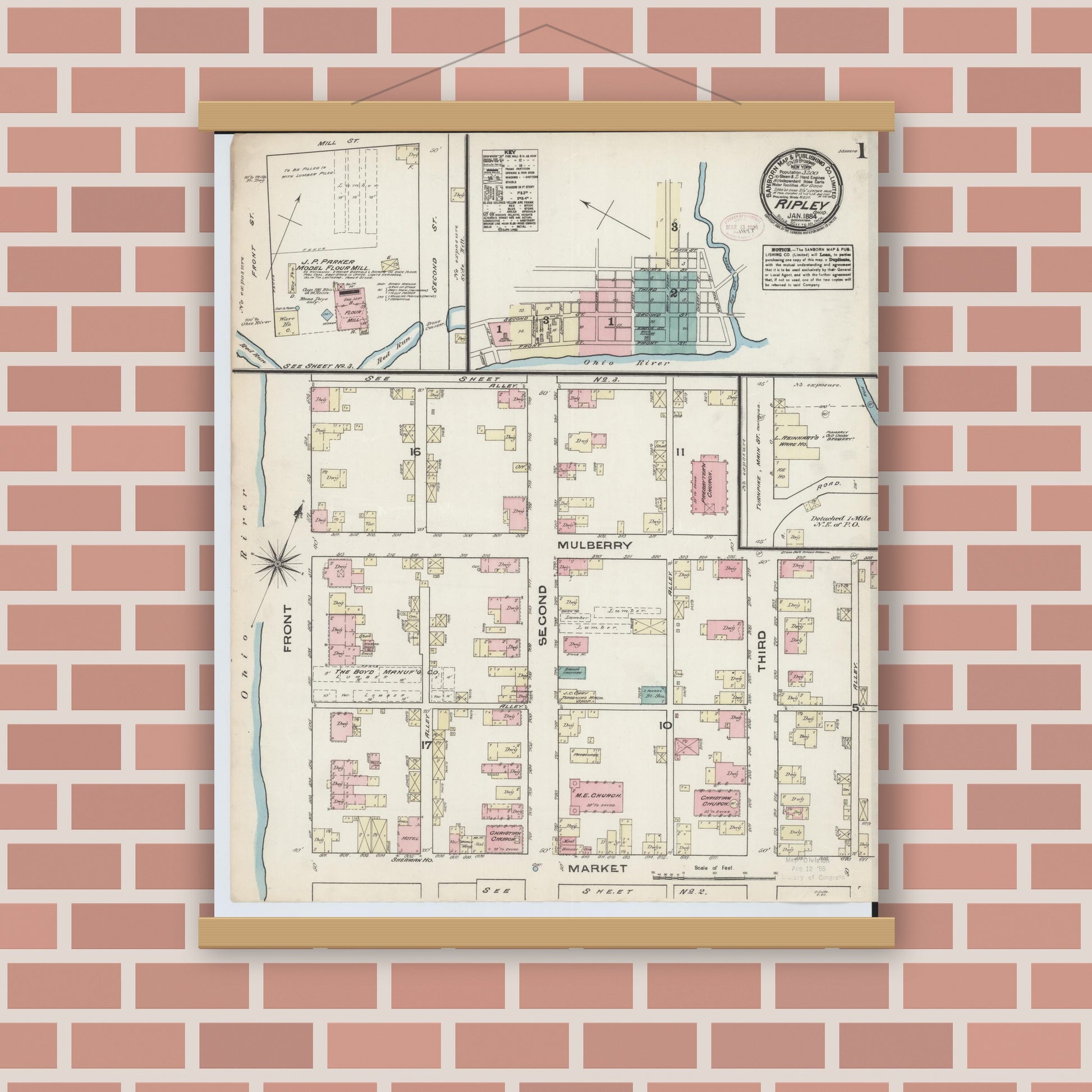 Old map wall art mockup — magnetic wood frame on brick wall — Sanborn Fire Insurance Map from Ripley, Brown County, Ohio (1884), Sheet #0001