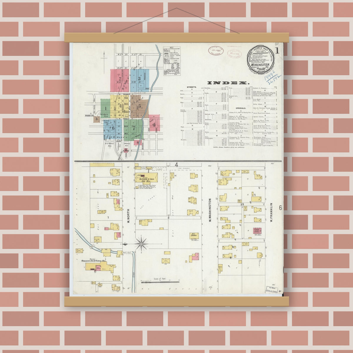 Old map wall art mockup — magnetic wood frame on brick wall — Sanborn Fire Insurance Map from Winchester, Randolph County, Indiana (1899), Sheet #0001